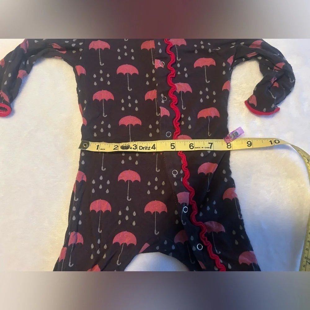Kickee Pants pajamas - black with raindrops and red umbrellas size 3-6 months